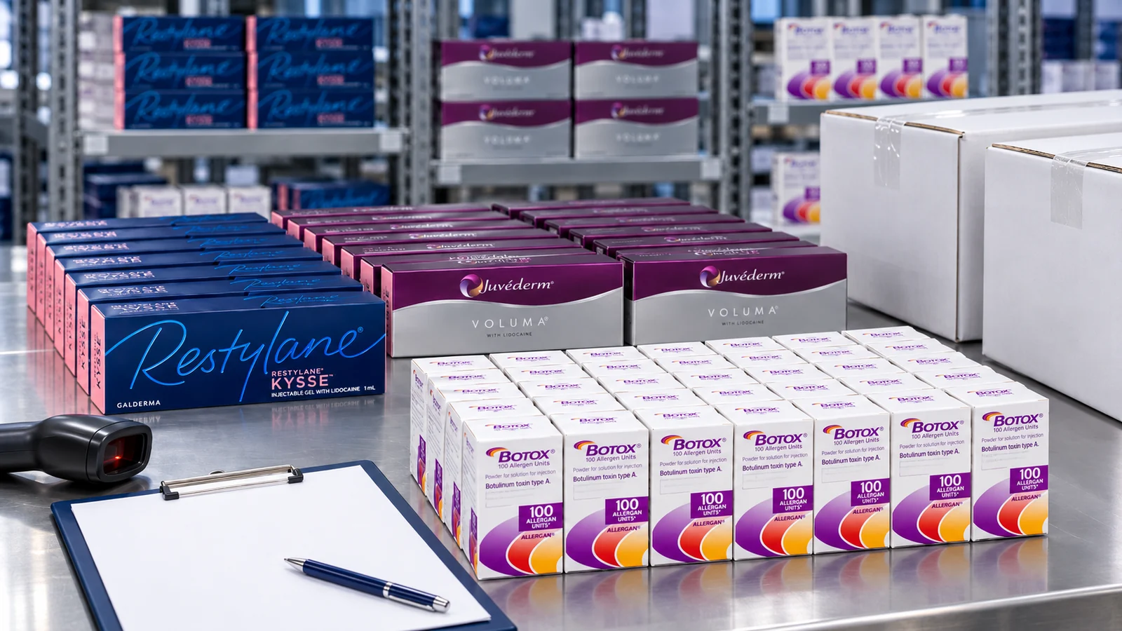 Wholesale stock of Restylane Kysse, Juvéderm Voluma and Botox prepared for a large order