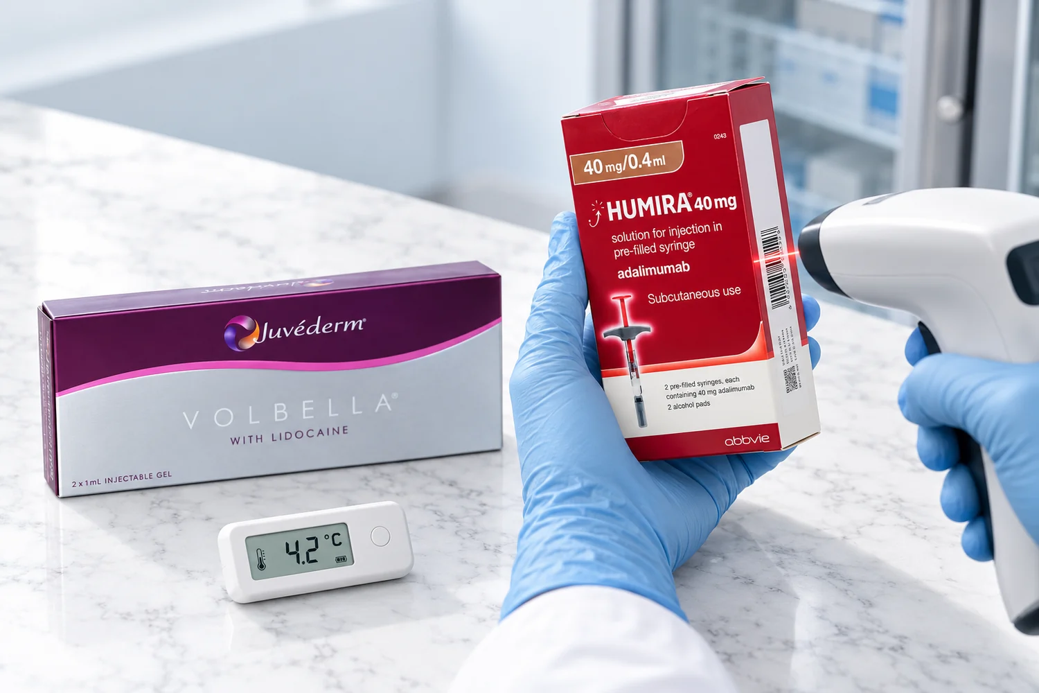 Quality check: scanning the barcode on a Humira carton next to Juvéderm Volbella and a 4.2 °C temperature logger